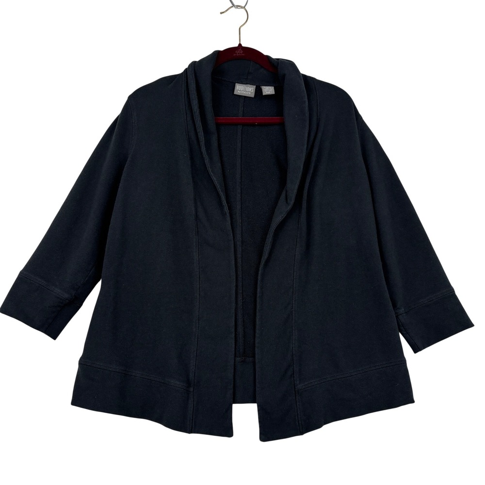 Chicos Additions Open Front Cardigan Jacket Size M Black Shawl Collar 3/4 Sleeve